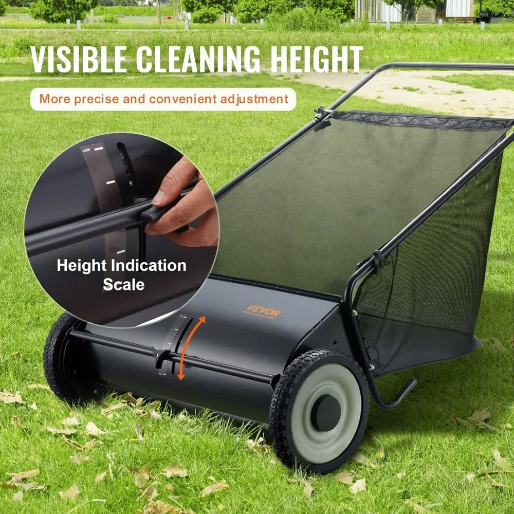 Empurre Lawn Sweeper, coletor de folhas e grama, rodas de borracha forte, Heavy Duty, aço espessado, durável, 26"