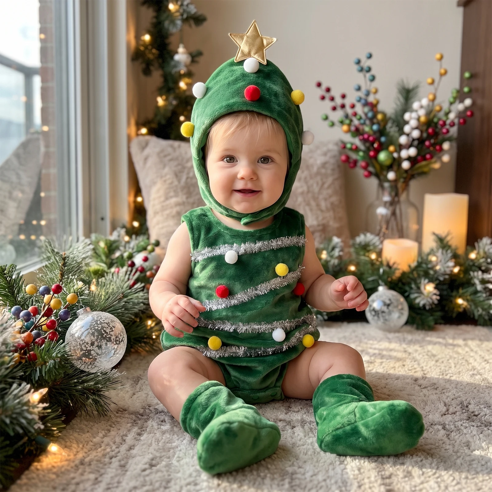 Tregren 3-18Months Infant Baby Boy Girl Christmas Outfit Sleeveless Romper and Hat Footed Leggings 3 Piece Set