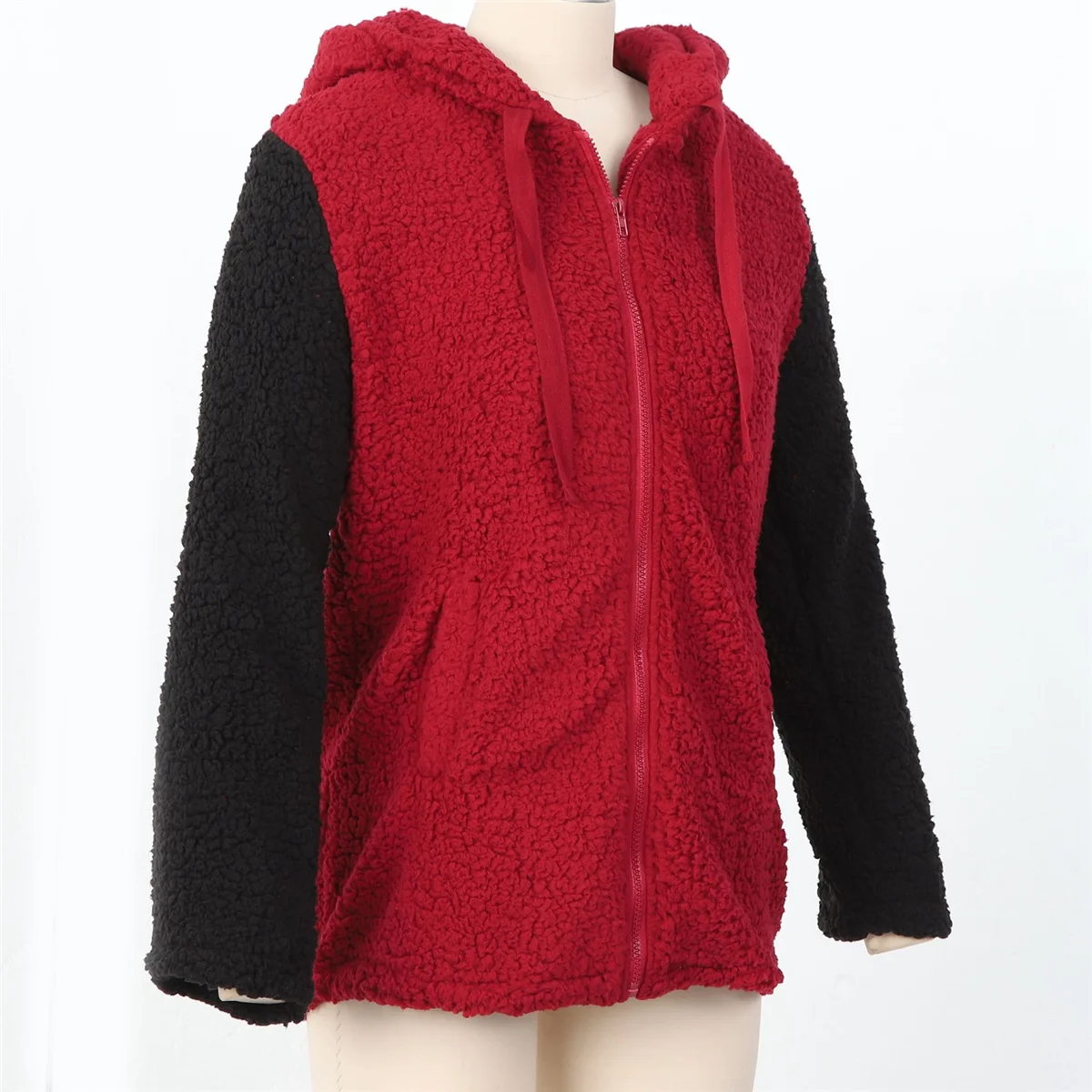 Mantel kasual wanita, jaket saku garis leher bulu tebal, topi penahan warna longgar modis, XXXL merah anggur