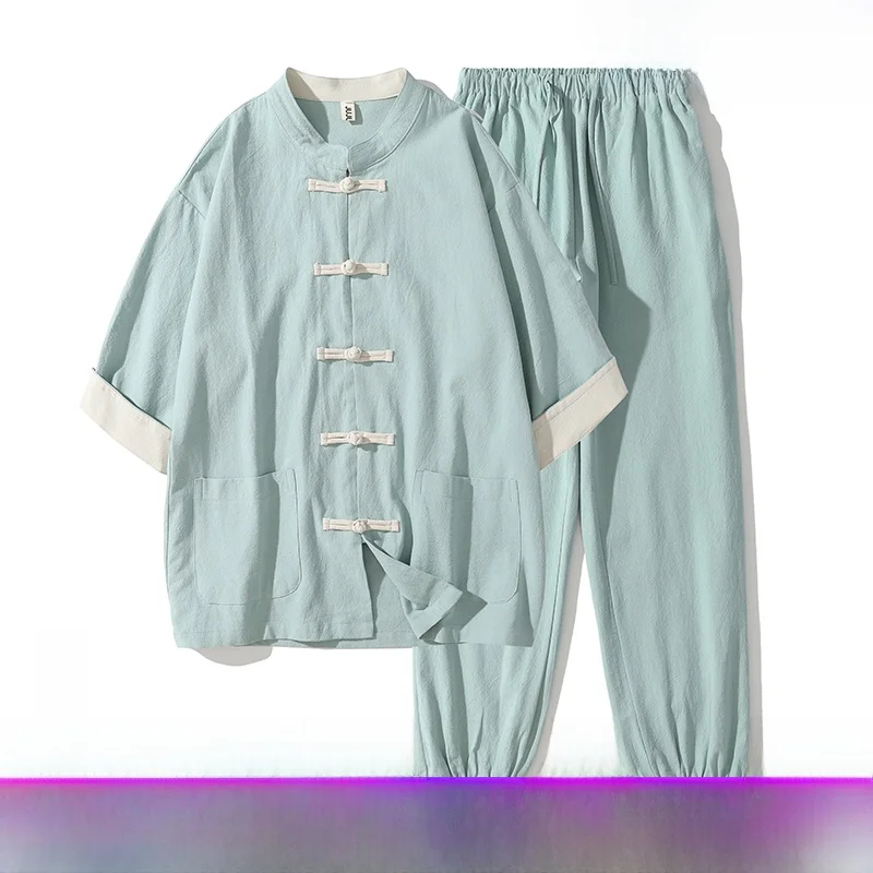 men's-sauna-work-orm-set-foot-bath-therapist-health-care-cotton-linen-casual-wear-big-size-seven-sve-folded-pattern