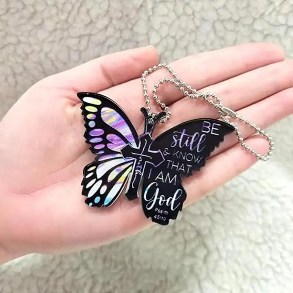 Car Key Hanging Pendant Butterfly Key Chain Pendant Rearview Mirror Ornament Elegant Car Accessory with Inspirational Message