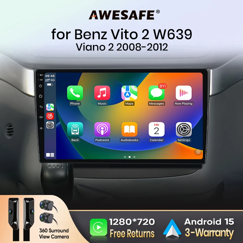 AWESAFE CarPlay sans fil Android Auto pour Mercedes-Benz Vito 2 W639 Viano 2 W639 2003 - 2015 Autoradio Lecteur multimédia Stéréo Wi-Fi Navigation GPS 2 Din Systèmes intelligents pour voiture 1280*720 IPS Unité principale FM RDS DSP SWC BT Plug and Play ISO