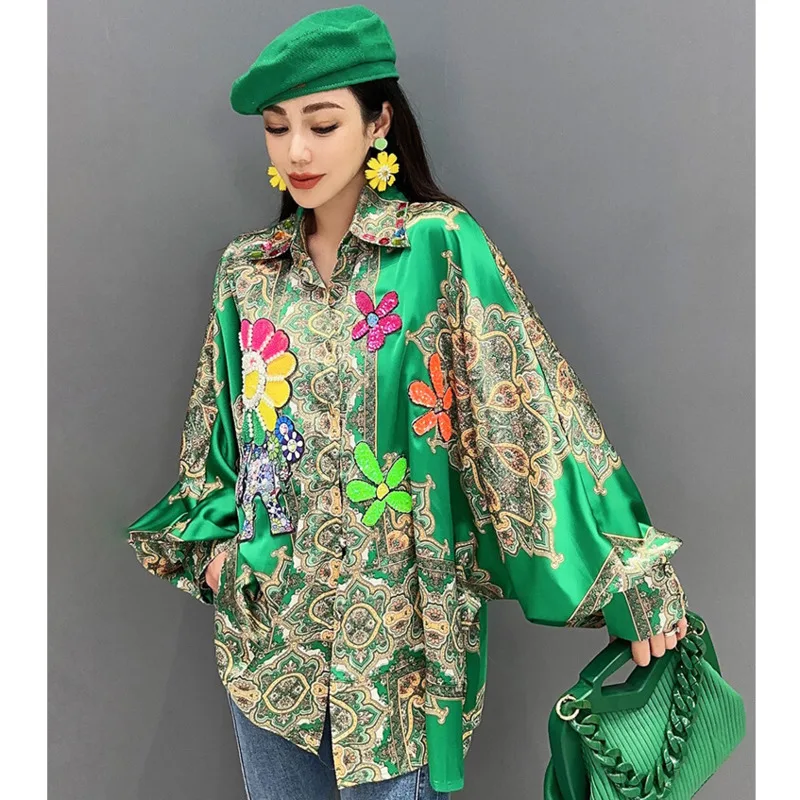 Vefadisa 2024 Summer New Green Red Printed  Long Sleeved Blouse Heavy Industry Nail Diamond Lantern Sleeve Women Shirt HLX081