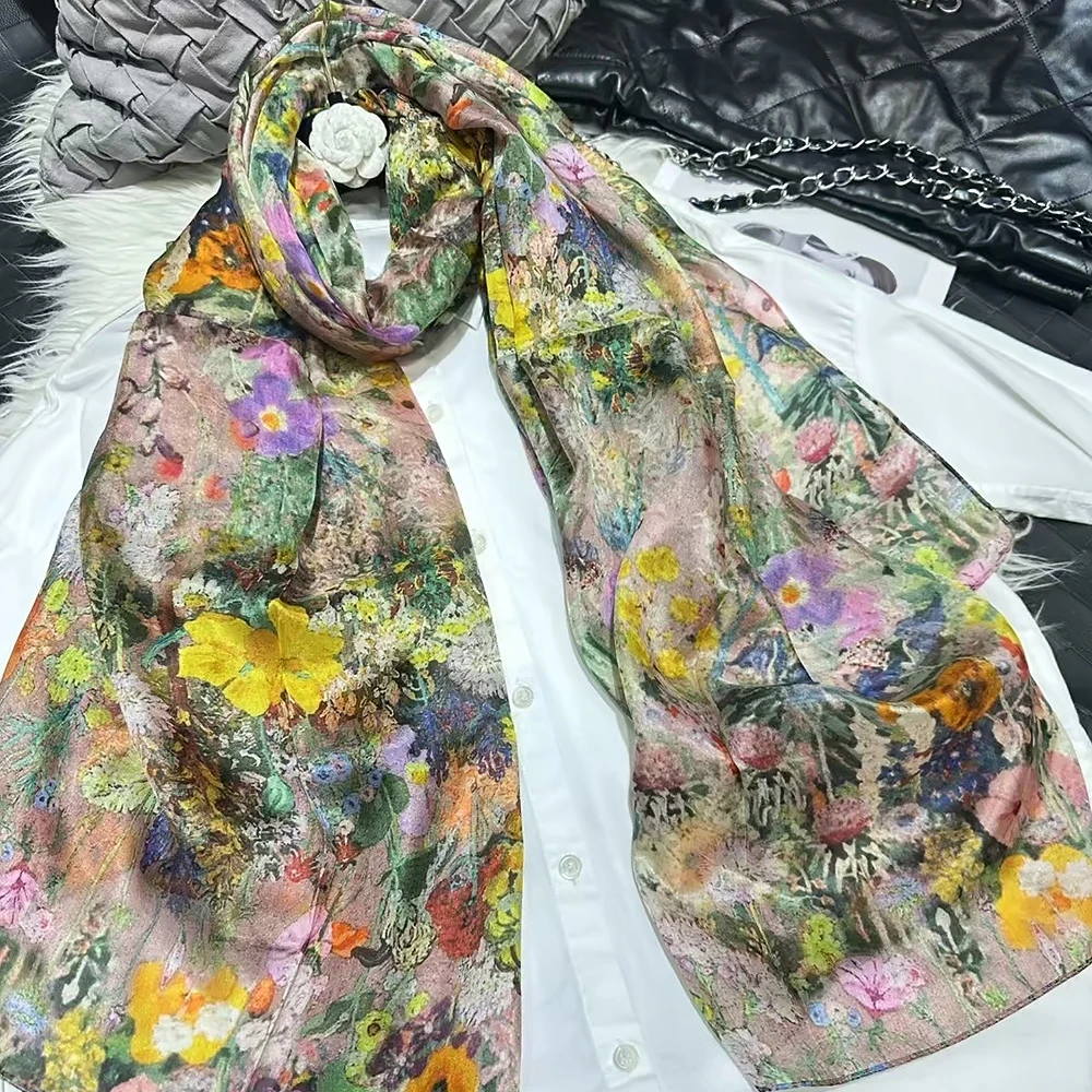 

Khaki Pink 100% Silk Scarf Women Scarves Wraps Summer Beach Shawls Foulard Fall Winter Brand Floral Long Neck Scarves Hijabs