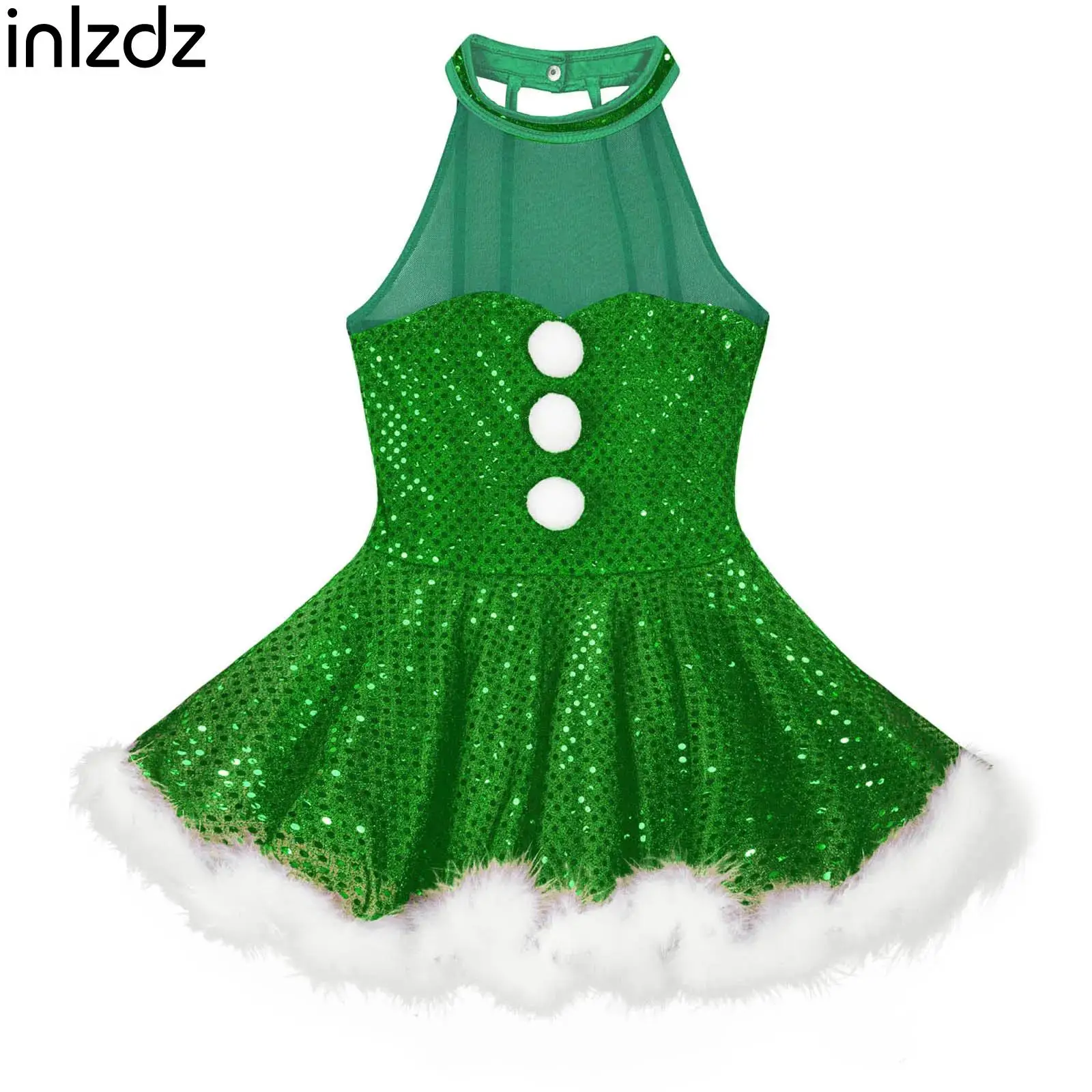 

Girls Christmas Snowman Ballet Dance Dress Sleeveless Mesh Splice Caged Back Sequins Figure Ice Skating Dance Party Costume