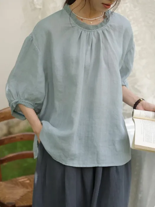 

Летняя повседневная свободная женская хлопково-льняная блузка с цветочным кружевным воротником, универсальный утягивающий топ, корейский фонарь Sve irt