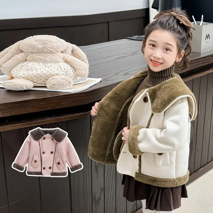 Jaqueta de shearling falsa para meninas, casaco quente duplo breasted com gola contrastante, agasalhos de inverno para meninas de 2 a 9 anos