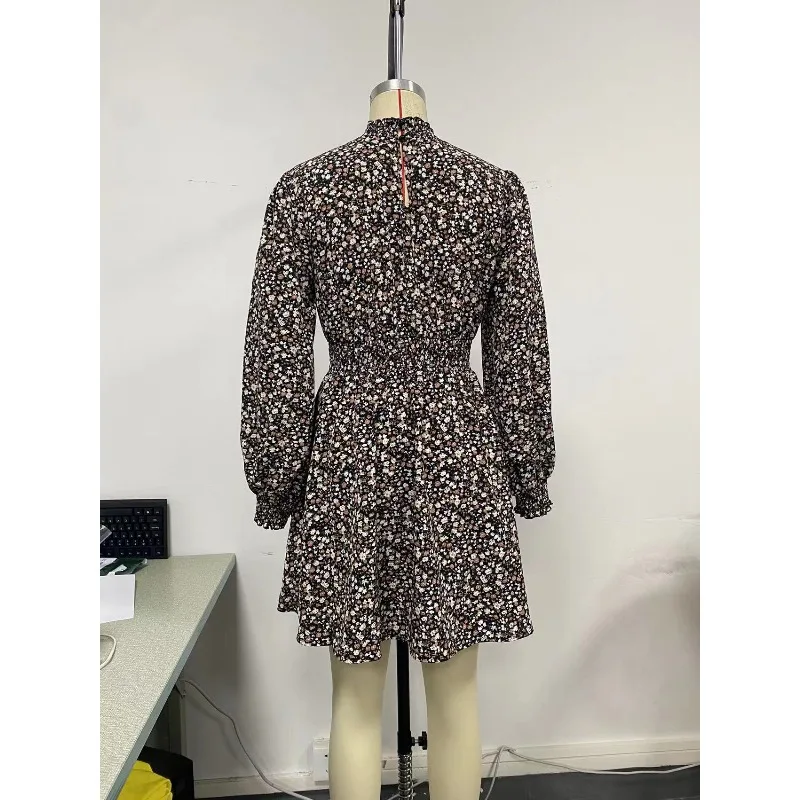 Women Long Sleeve Ditsy Floral Mini Dress Ruffled High Neck Elastic Waist A Line Short Dress Vintage Casual Daily Party Dress - view 5