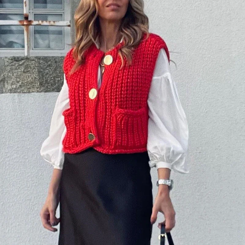 Red Chunky Sweater Vest Top with Gold Button Pocket Front Sleeveless Knitted Cardigan Sweater Women Streetwear