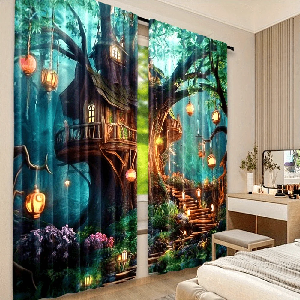 Fantasy Treehouse Curtains, Magical Forest Lantern Scene Window Drapes, Fairy Tale Room Decor, Blackout Fabric for Kids Bedroom