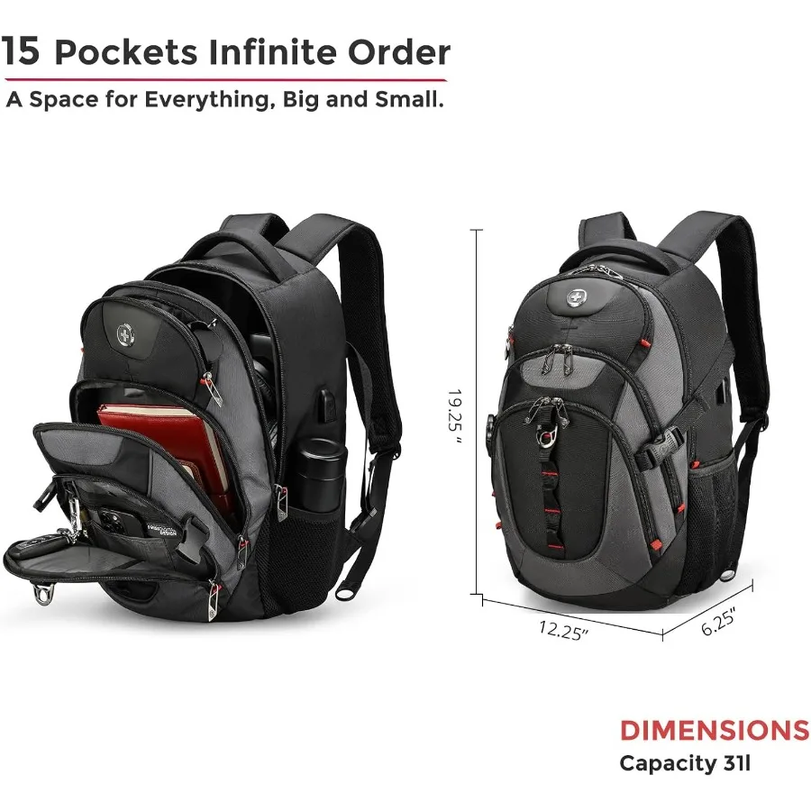 Swissdigital Design Laptop-Rucksack mit USB-Ladeanschluss, Reiserucksack, passend für 15,6-Zoll-Computer, 31 l College-Schulrucksack