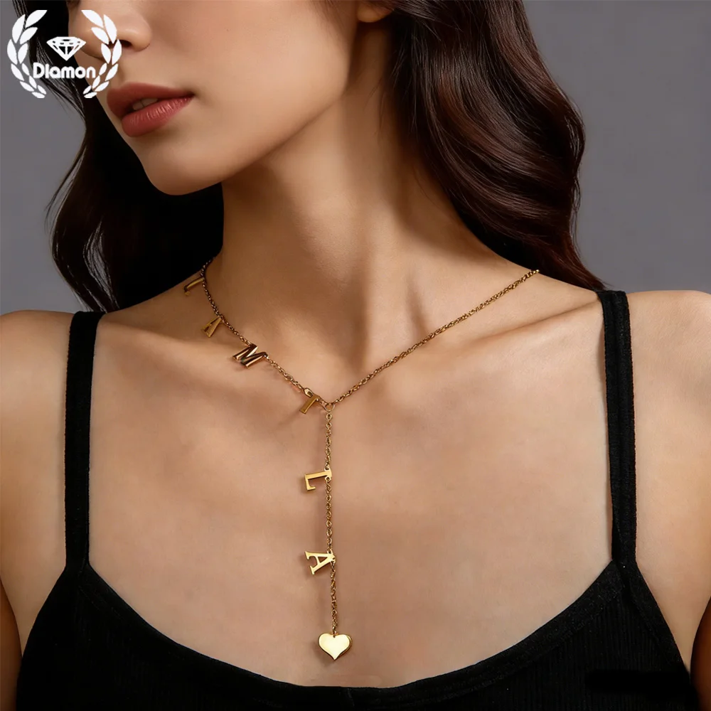 Diamon Custom Multiple Names Necklace Personalized Stainless Steel Chain for Women Letter Pendant NameplateJewelry Gift