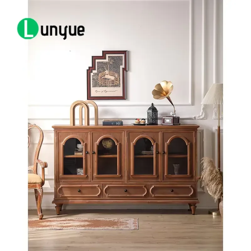Vintage Brown Solid Wood Locker with Glass Doors Storage Cabinet for Kitchen Dining Room Living Room Hotel Bathroom Home