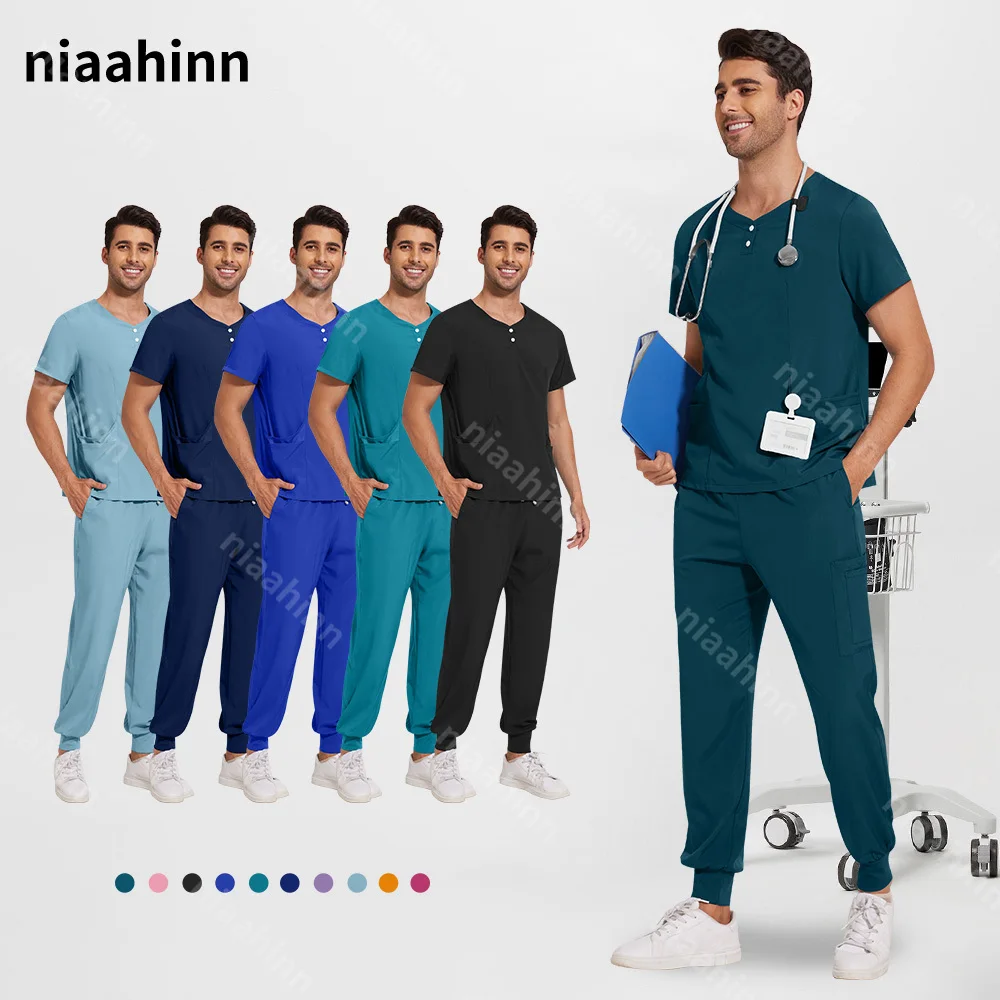 High Quality Operating Room Medical Uniform Men Elastic Short Sleeve Doctor Set Dentist Nurse Accessories Slim Surgical Suit Men