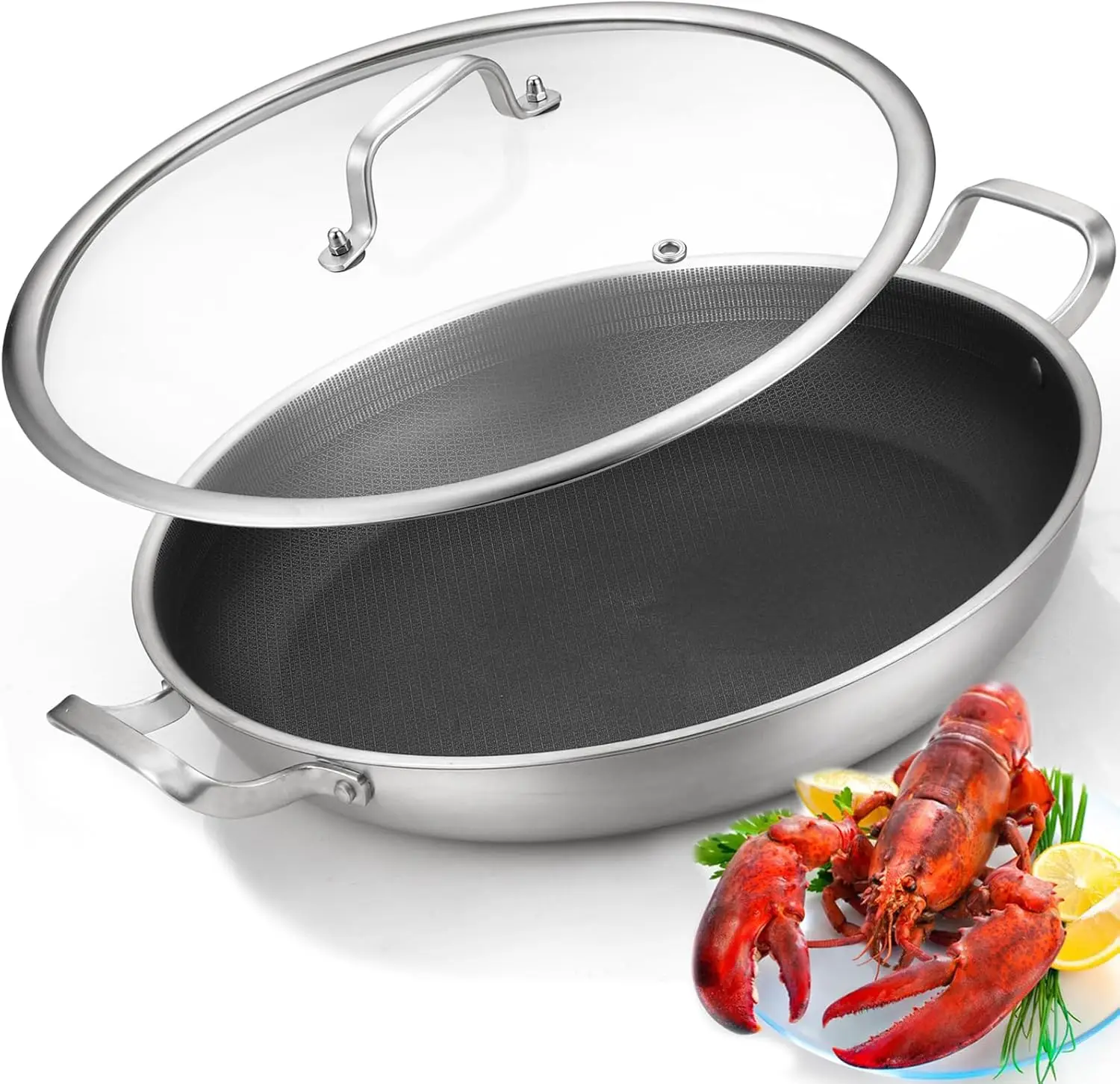 Paellera de Acero Inoxidable de 14.5 Pulgadas con Tapa, Sartén Grande Antiadherente para Inducción, Exteriores, Camping, Fiestas