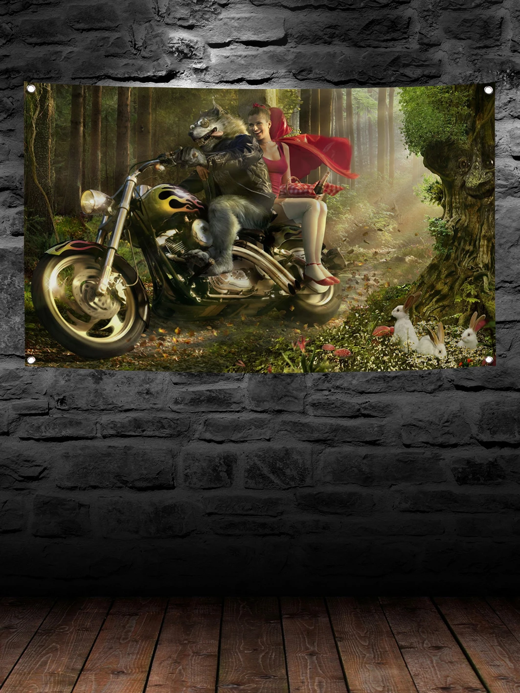 90X150cm Little Red Riding Hood and the Wolf on a Motorcycle Funny Flag Polyester Digital Printing Decoration Banner Tapestry
