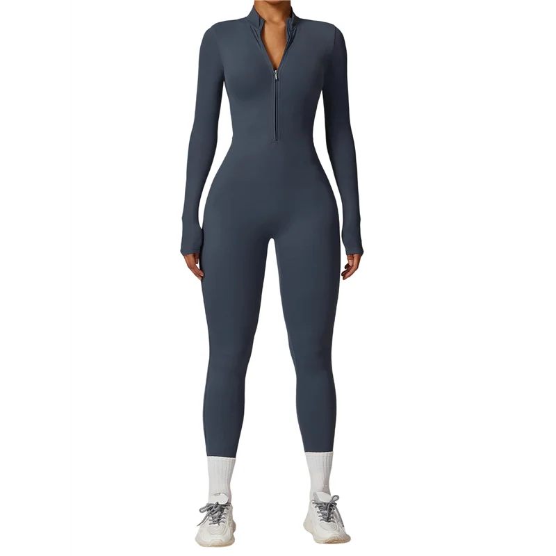 

A09P Women Long Sleeve Workout Jumpsuit Zip Up Romper Bottom Pants Bodysuit Bodycon Dark Blue M