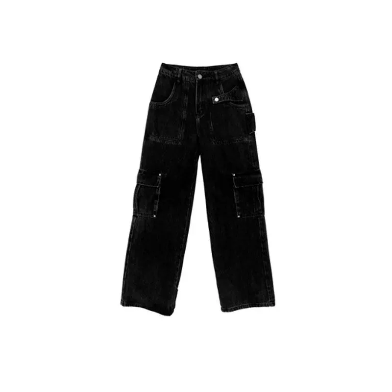 New Women's Black Cargo Pants Fall and Winter Multi-pocket Design Jeans Female High-waisted Straight Wide-leg Denim Trousers