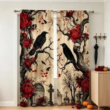2PCS Digital Printed Curtains, Crows Red Roses Skulls Graveyard Tombstones, Dark Victorian Halloween Window Decor Bedroom
