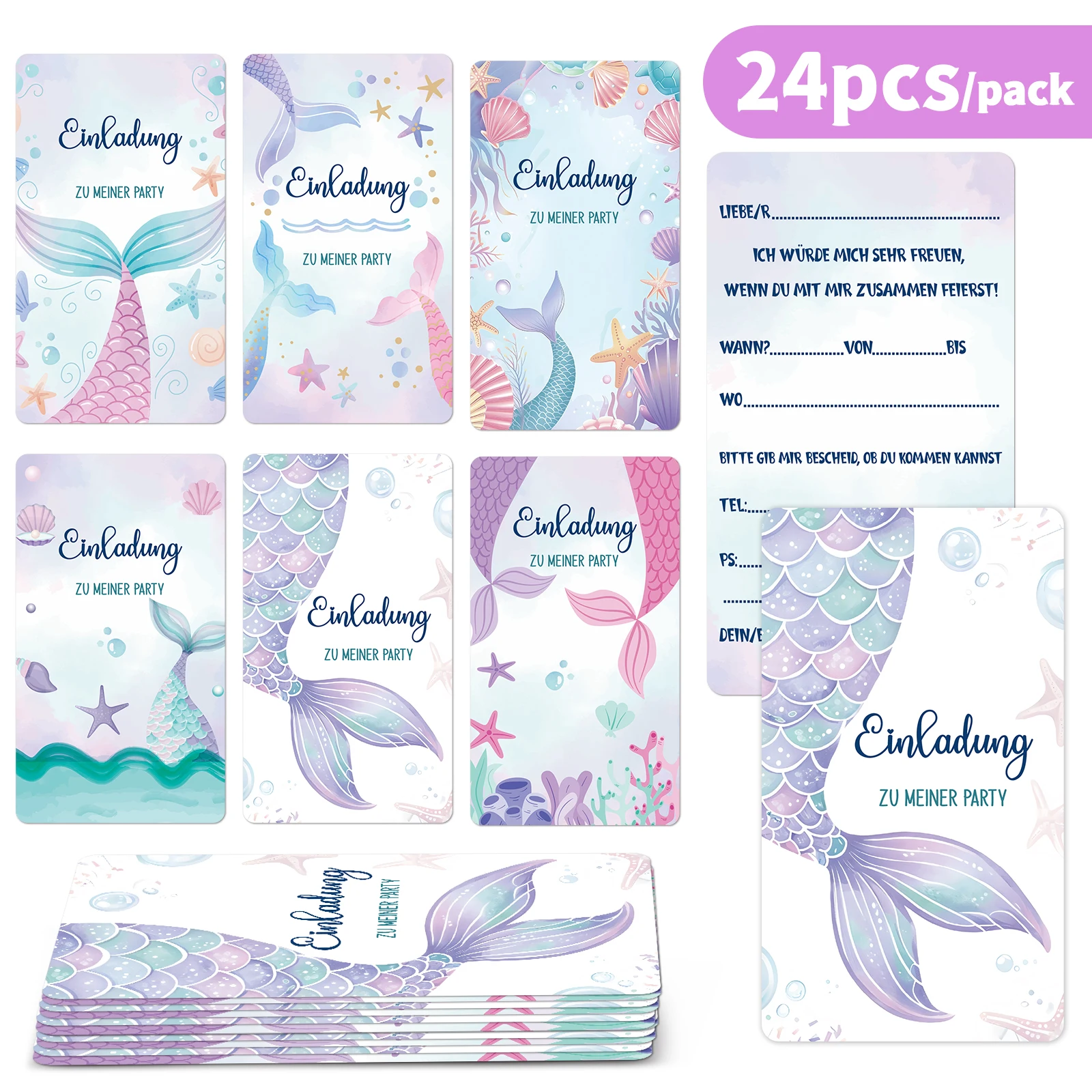 24 Stück Meerjungfrau-Party-Einladungskarten, 16:9 Geburtstagseinladungskarten, 6 Ozean-Meerjungfrau-Stil-Karten, buntes Meerjungfrauenschwanz-Design, Inv