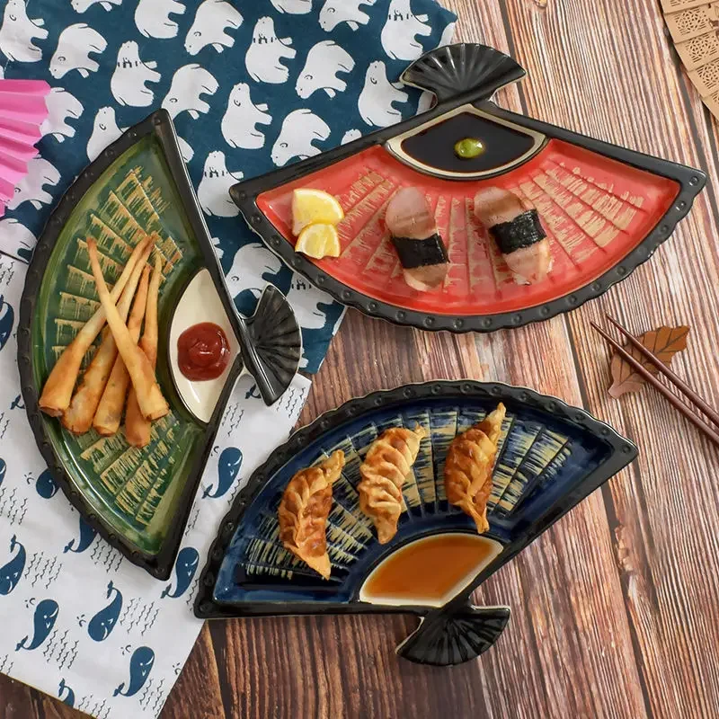 Dumpling plate with vinegar dish creative ceramic partition plate Japanese hand-painted sushi plate fan-shaped snack plate