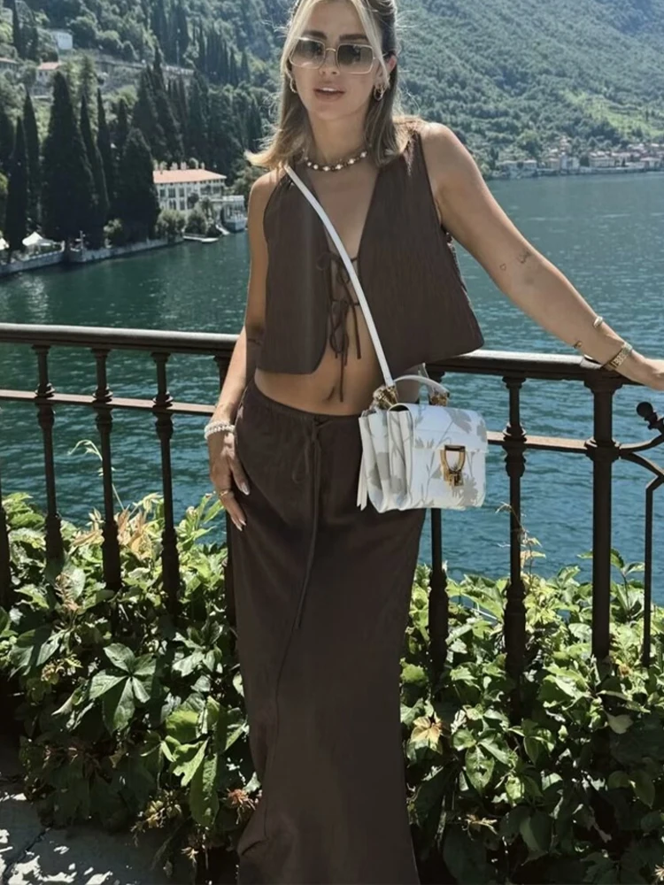 HH-Conjunto de falda y chaleco liso Vintage para mujer, chaleco corto con lazo elegante y falda informal con cordón de cintura alta, ropa de calle