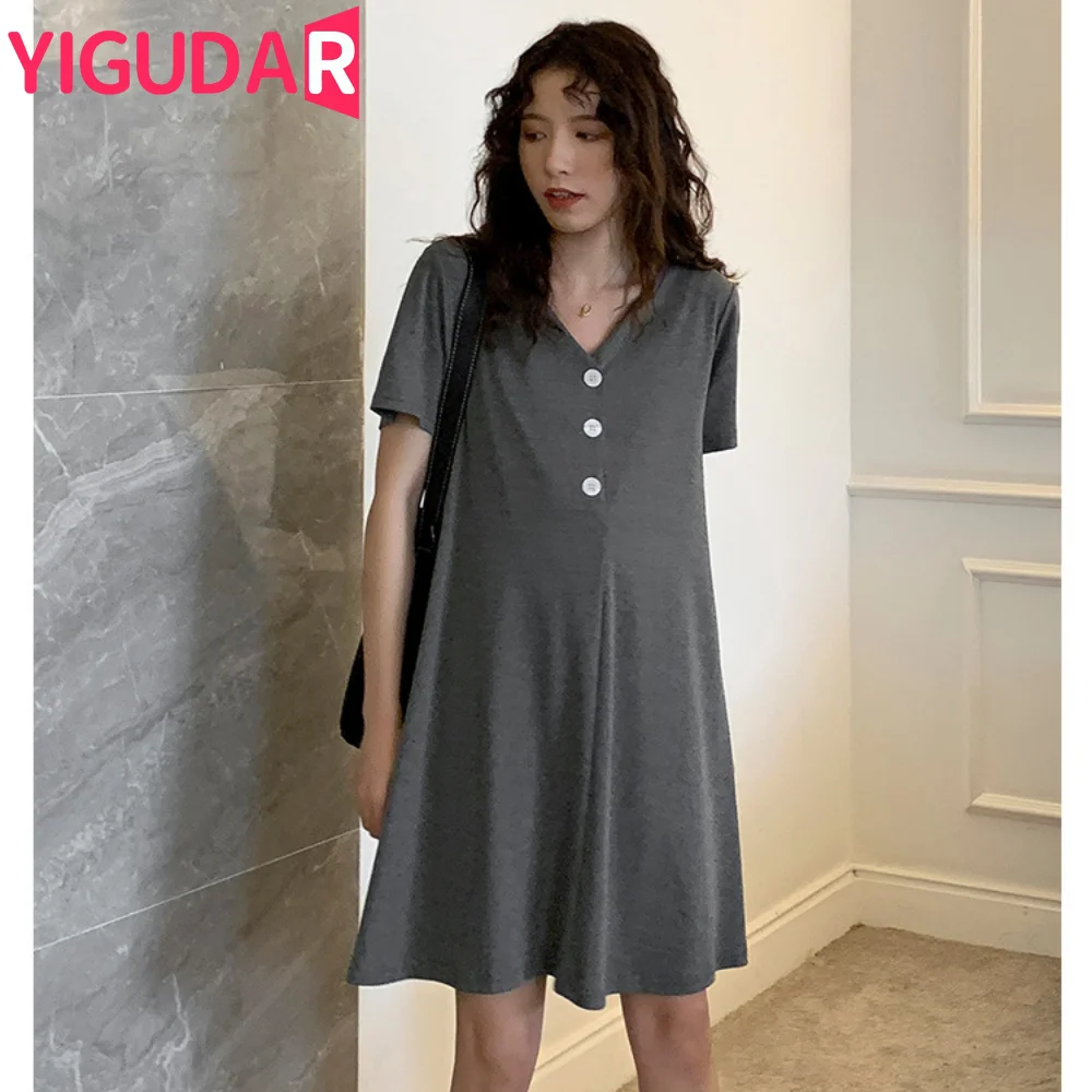 

2023 Summer Korean Fashion Maternity Dress Button Open for Nursing Elegant A Line Loose Clothes for Pregnant Women Pregnancy