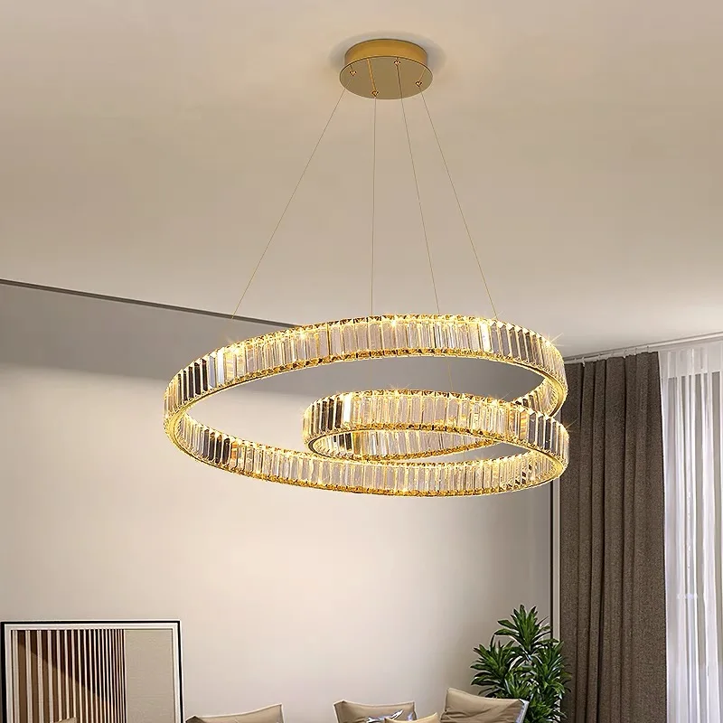 Luces colgantes de techo de cristal con anillo redondo italiano posmoderno, Lustres de comedor creativos de lujo dorados para electrodomésticos