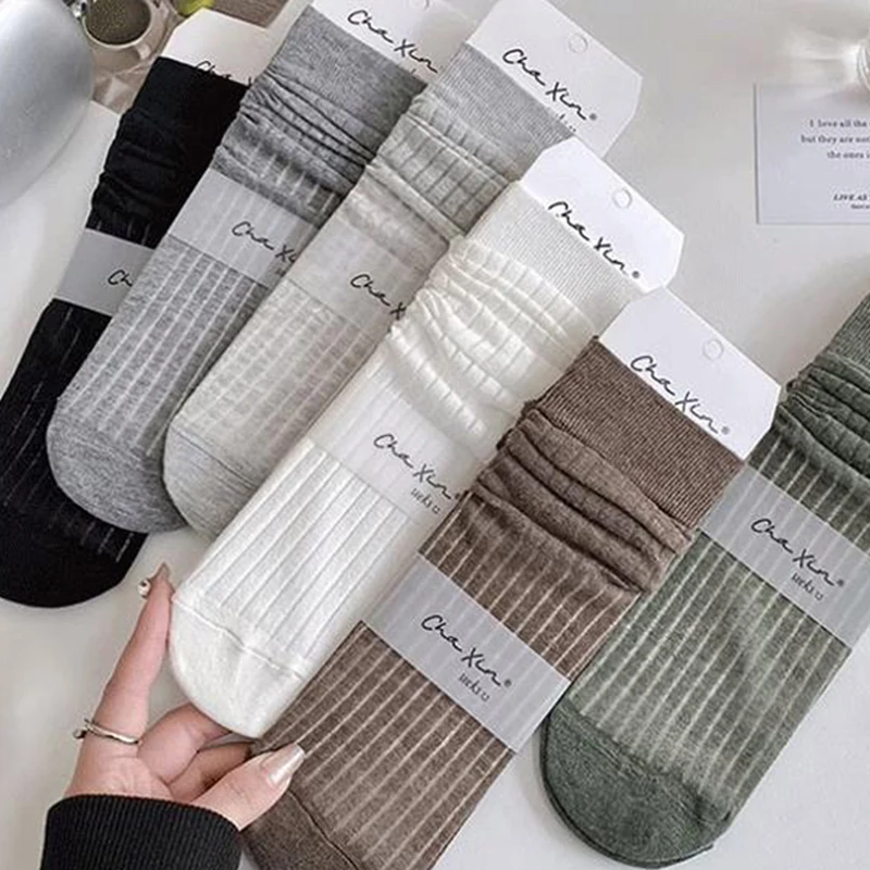 

Solid Vertical Stripes Pile Kawaii Socks for Women Girls Mid-tube Hosiery Summer Breathable Jk Ballet Style Harajuku Stockings