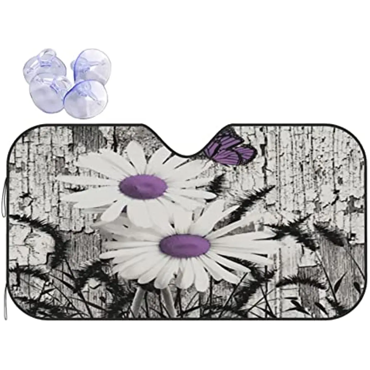 Car Windshield Sun Shade,White Daisy Flowers Butterfly Black Foxtail Purple Gray Grass Car Sun Visor Protector Foldable Auto Fro