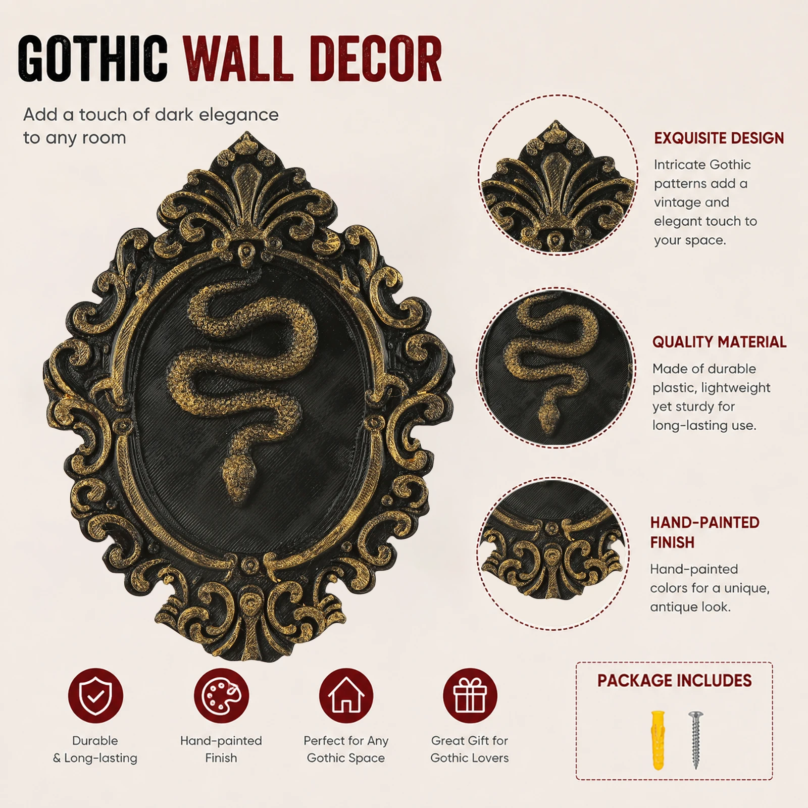 Cross‑border Vintage Baroque Snake Relief Wall Hanging Gothic Distressed Black Gold Resin Wall Plaque Halloween Home Decor Ornam