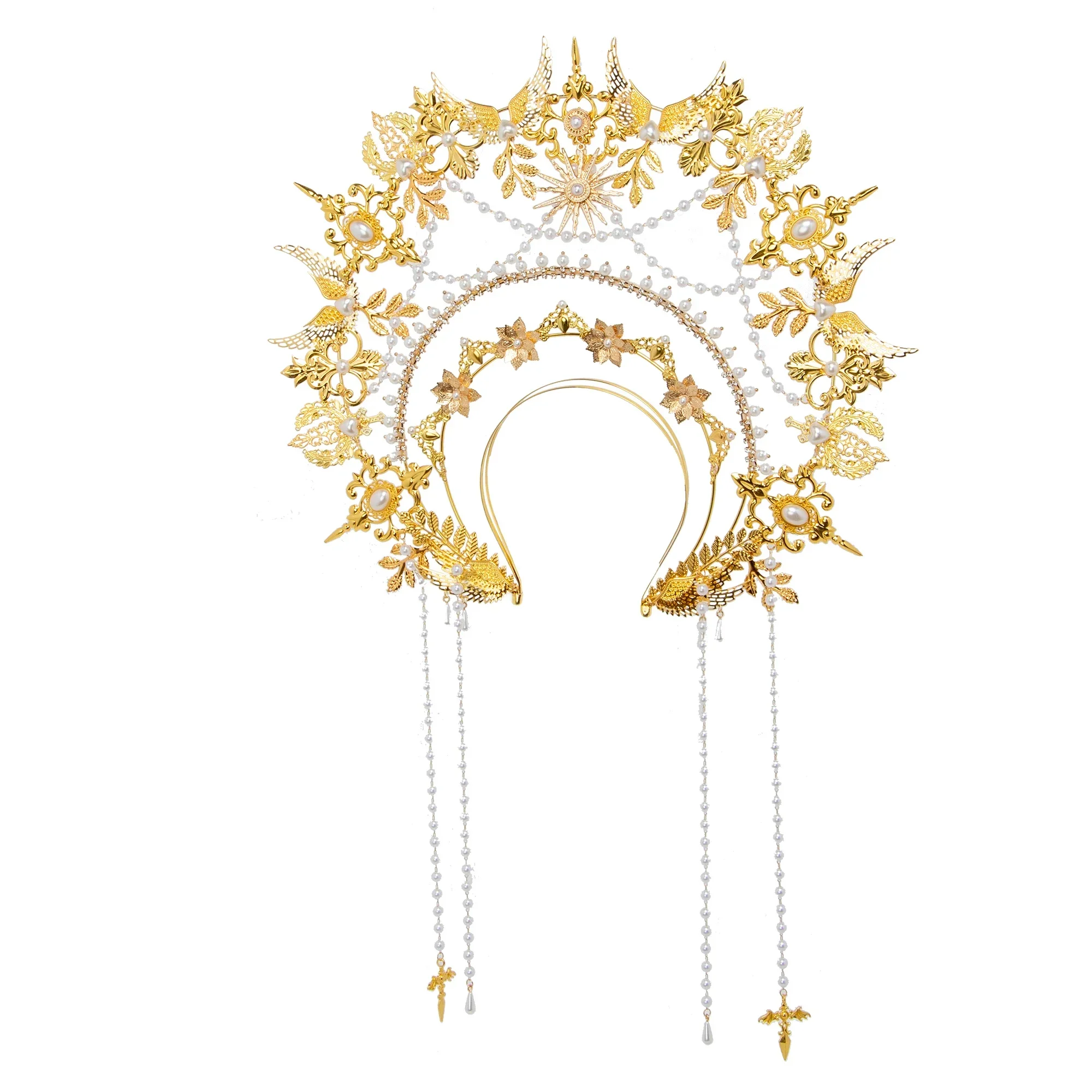 Sun Goddess Angel KC Halo Crown Headpiece Queen Anna Baroque Pearl Tiara Headband Lolita Collection Gothic Accessories