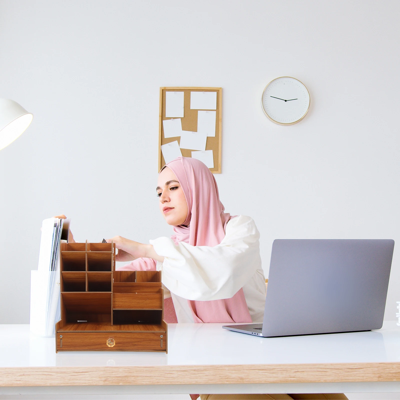 

Wooden Desk ganizer Storage Rack Pens Stationery Home Office Desktop Table Compartment Holder Cherry Wood Student Teacher School