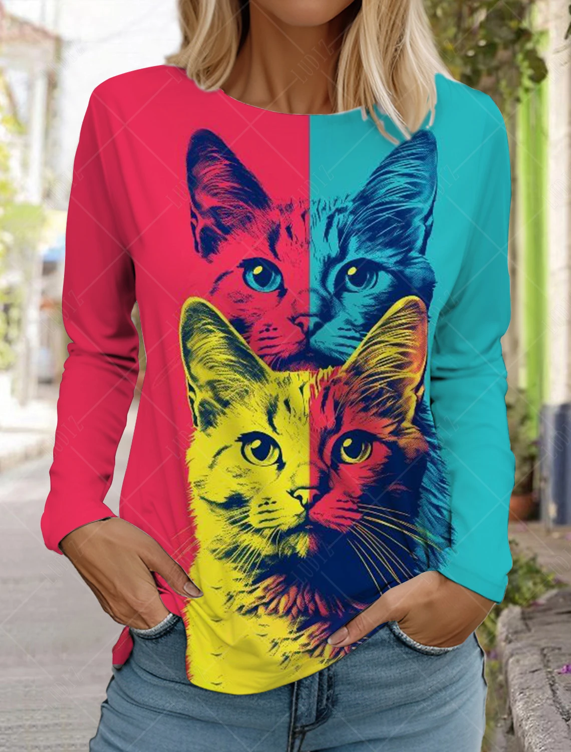 2024 Fashion Design Women's T shirts 3D Print Kawaii Cat Graphics Long Sleeve Crew Neck Regular Fit Spring/Fall Funny Sportwears