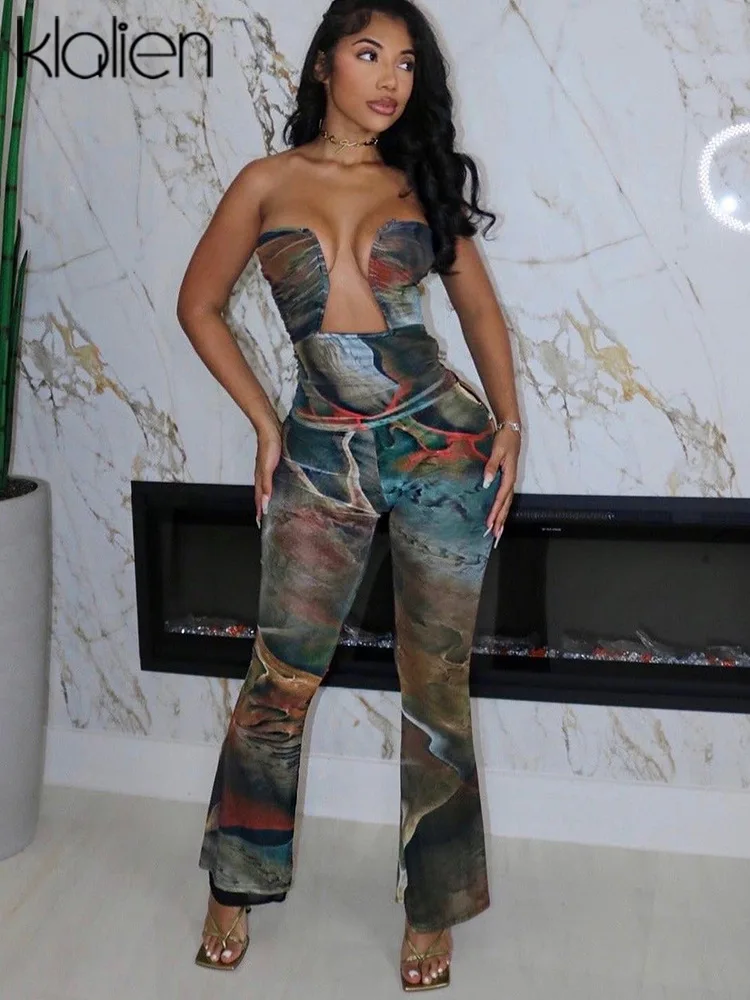 

KLALIEN Sexy Tie Dye Strapless Jumpsuit for Women Backless Straight Pants Autumn Fashion Streetwear Overalls Rompers Female