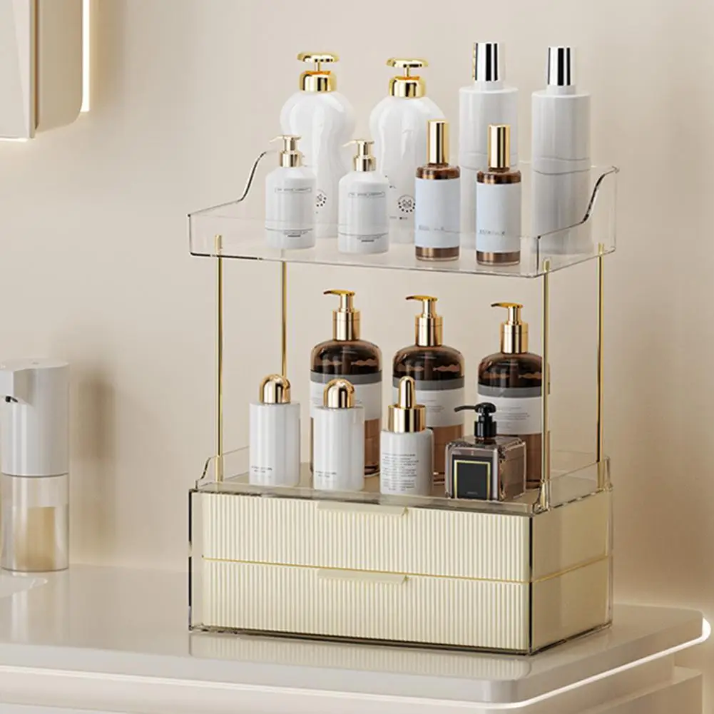 Makeup Storage Shelf Storage Rack with 2 Shelves Double Drawers Detachable Kitchen Spice Organizer Capacity Vanity Countertop