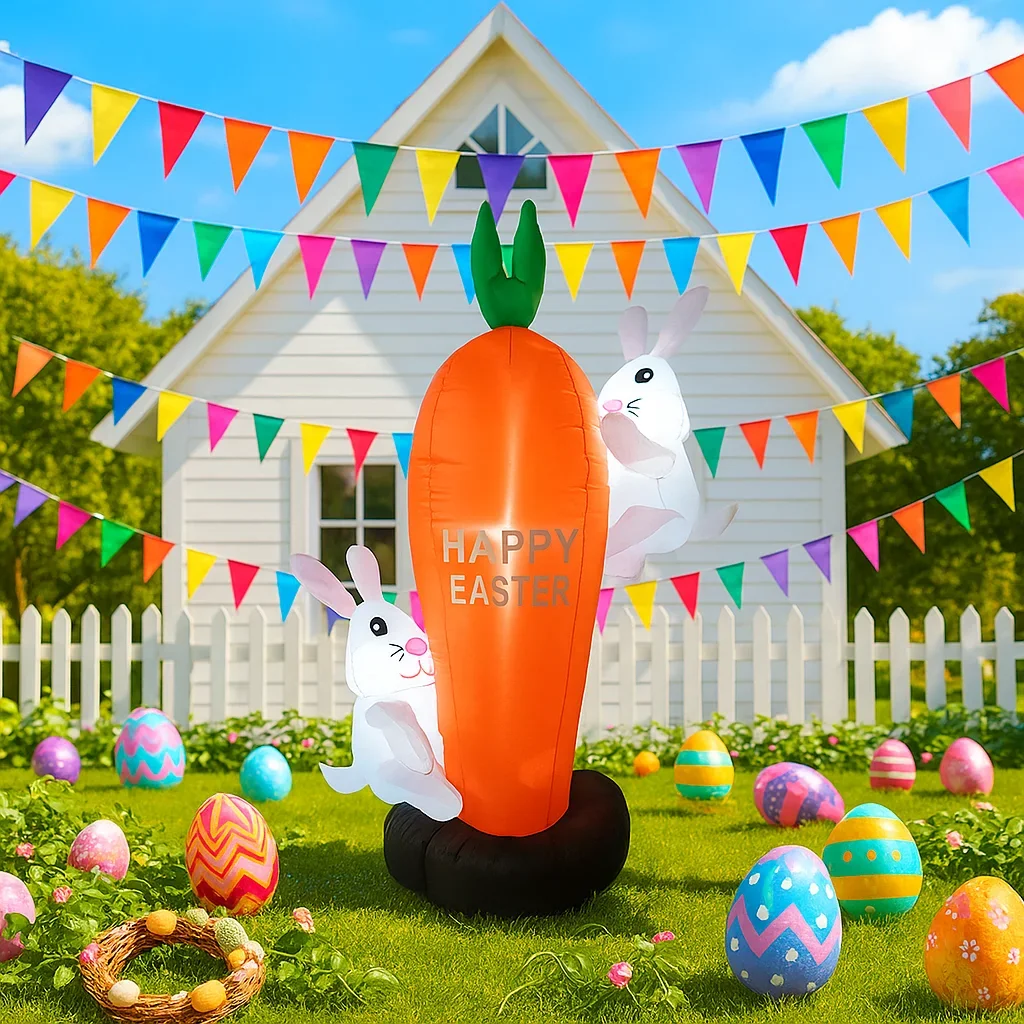 

Надувная игрушка 6 футов Пасха Happy Cute Rabbit Hug Очень большое украшение в виде моркови Светодиодное украшение для вечеринки Пасхальное надувное украшение