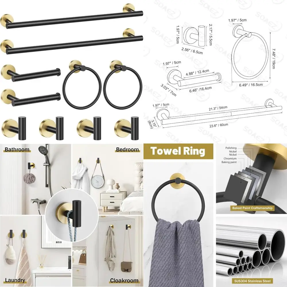 

10-Piece Black and Gold Bathroom Hardware Set: 23.6 Towel Bar, Ring, Hook, Toilet Paper Holder, and More Accessories