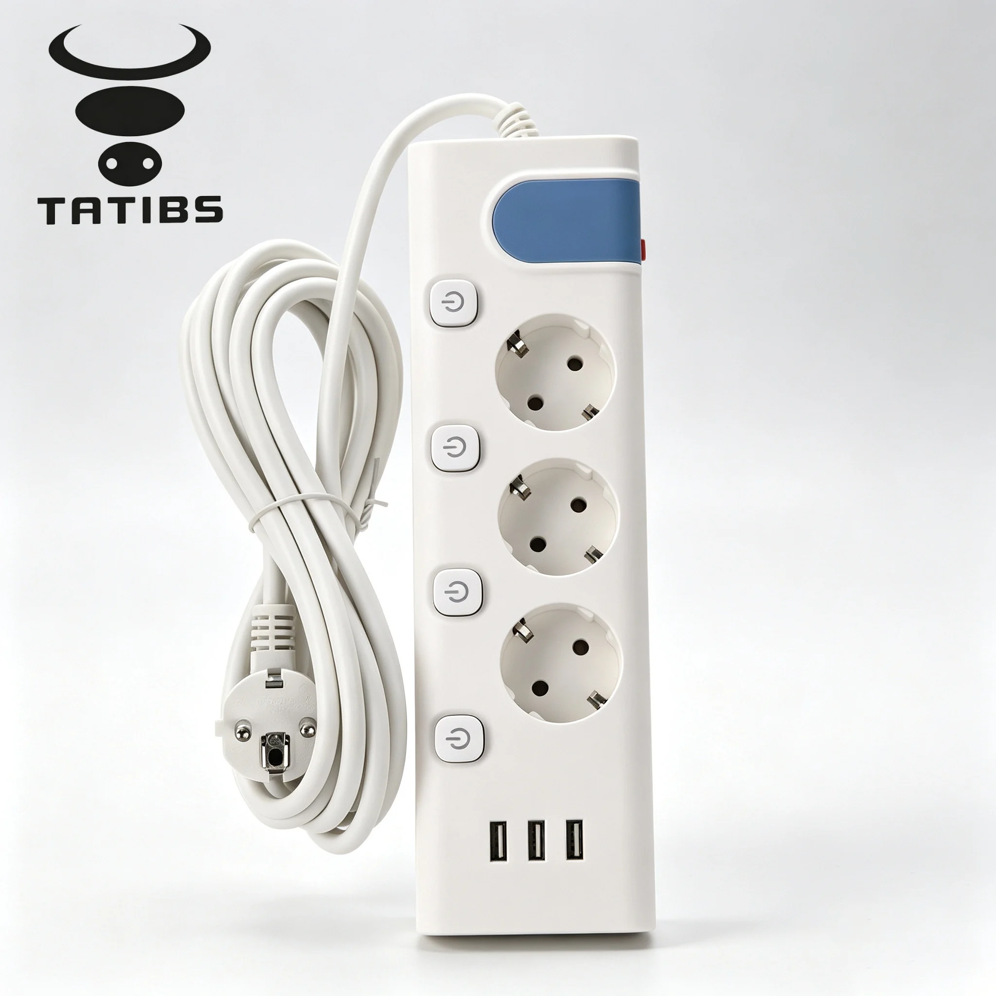 TATIBS Multi Outlet EU Power Strip 3 Schuko Sockets + 3 USB-A Fireproof Extension Socket for European Household
