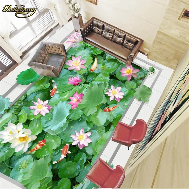 

beibehang 3D-обои с лотосами, рулонные напольные покрытия из ПВХ, 3D-фотообои с пейзажами, 3D-обои для стен, декор для дома, напольные покрытия
