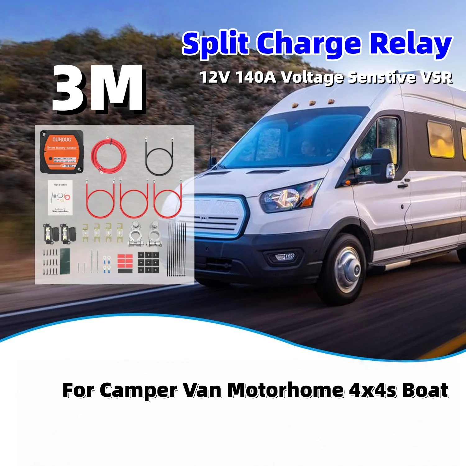 3m Split Charge Relay Kits Without Voltmeter Ready Made Leads 12V 140A Voltage Senstive VSR For Camper Van Motorhome 4x4s Boat
