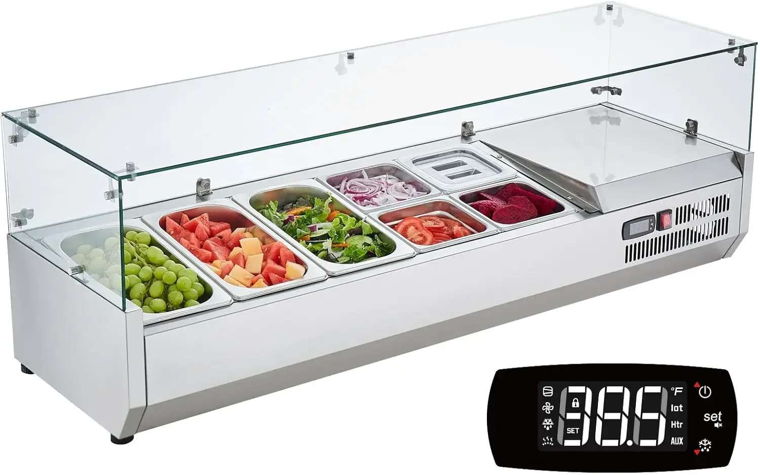 Condiment Prep Rail Station, 140 W Countertop Refrigerated Condiment Station, with 3 1/3 4 1/6 Pans, 304 Stainless Body and PC