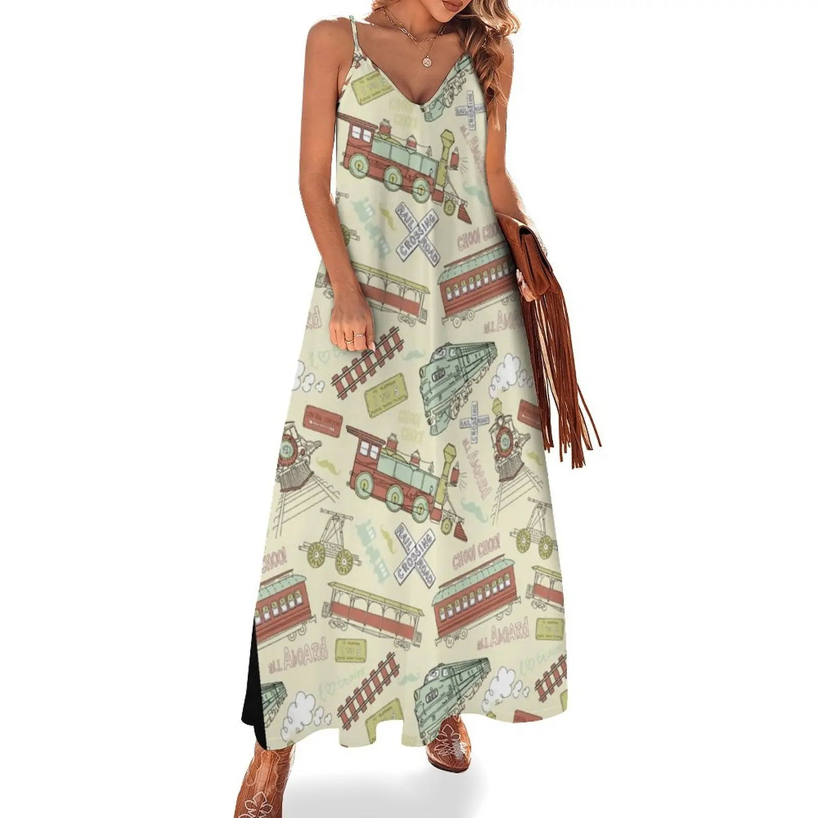 

Retro Railroad Trains Sleeveless Long Dress Long dresses evening dresses women Dress