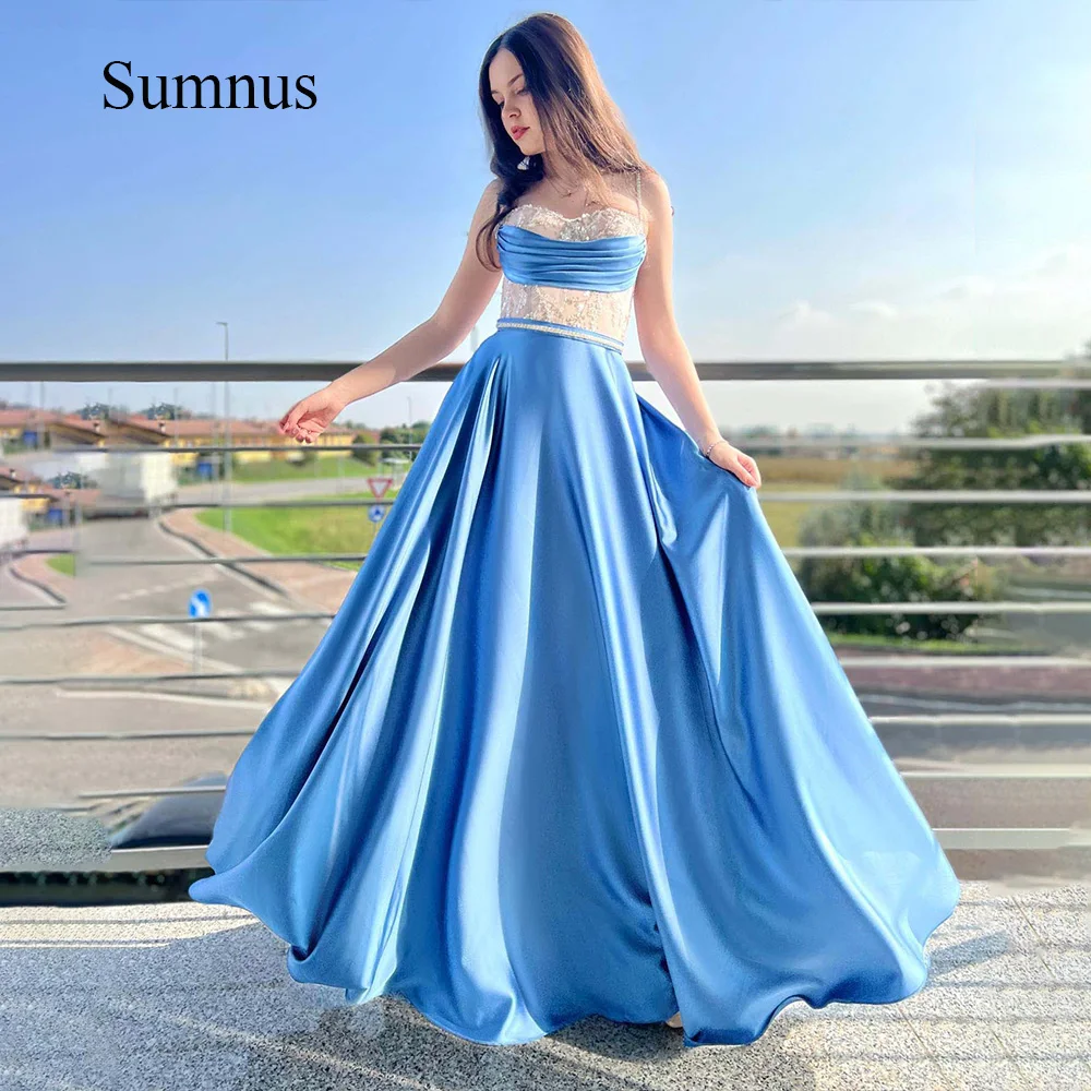 

Sumnus Sky Blue A Line Prom Dresses Beads Sweetheart Pleats Satin Long Evening Party Dress Customized Graduation Homecoming Gown