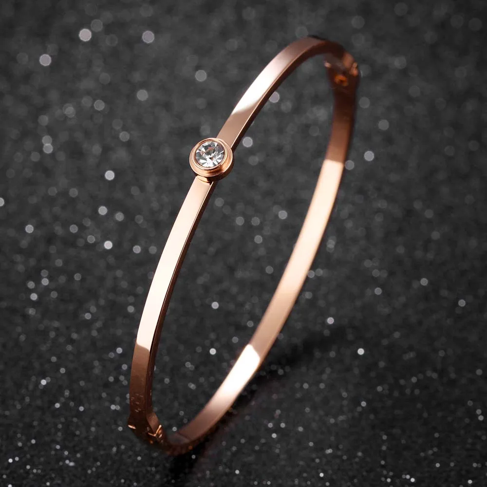 Lokaer Trendy Rose Gold Plated Stainless Steel Bangles For Women Mosaic Cubic Zirconia Simple Cuff Bracelet Jewelry Gifts B18103