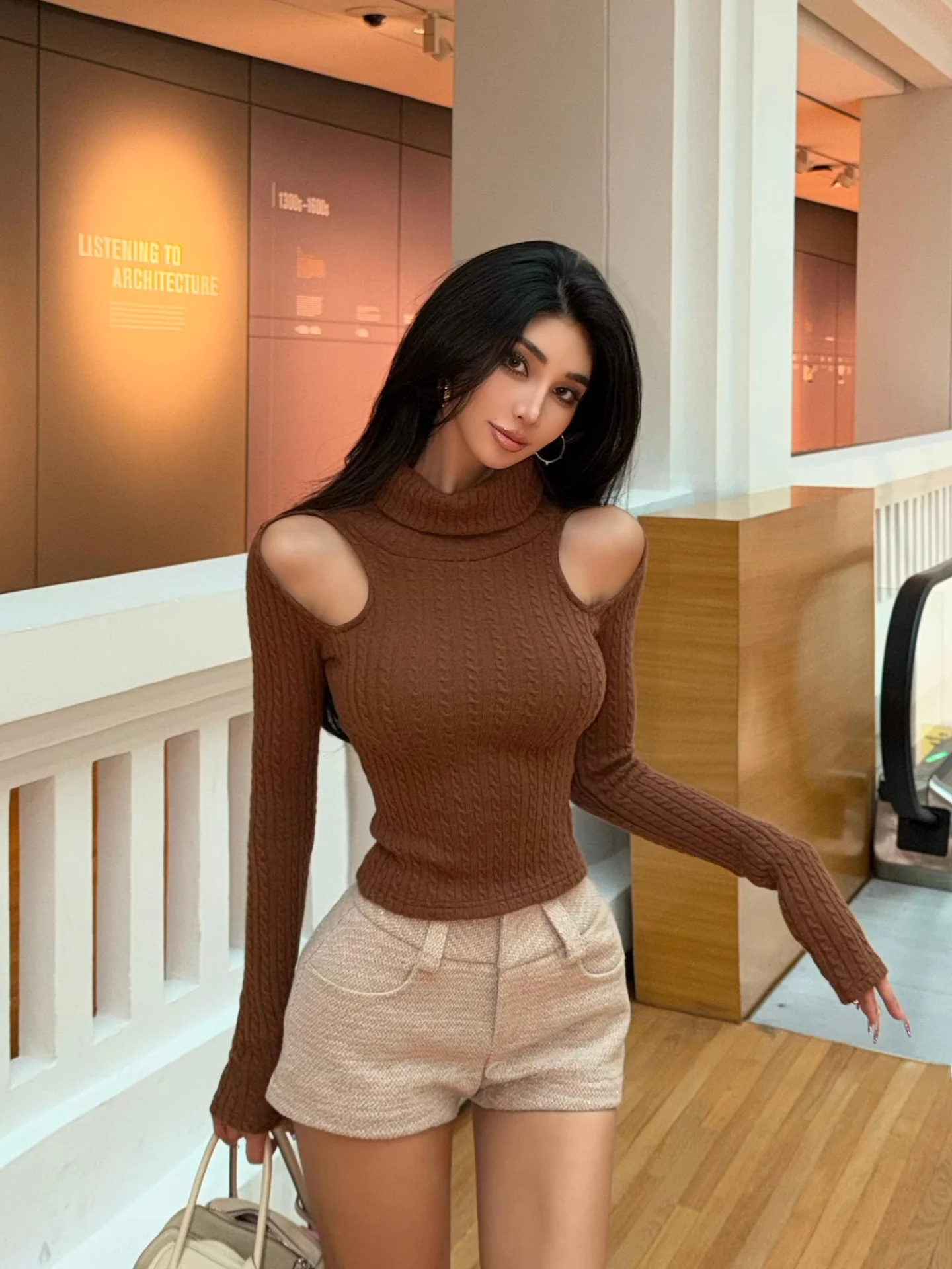

Sexy oulder Bared Knitted Sweater Women's Slim Fit High Collar Twist Flower Long Sve Soft Polyester Nylon Blend Casual Wear