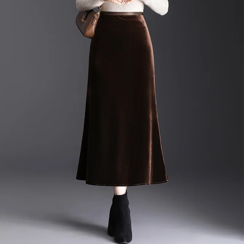 ZUZK Golden Velvet Wrapped Hip Skirt 2024 Autumn Winter New Style Temperament One Step Skirt Show Thin Casual Long Skirt