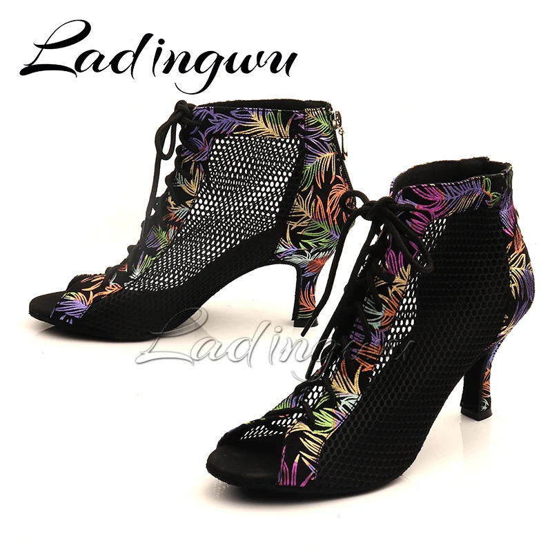 Ladingwu-Bottes en daim et maille respirante pour femmes, chaussures de danse astronomique souples, sandales à glissière pour femmes, chaussures de danse latine et salsa, talons bas