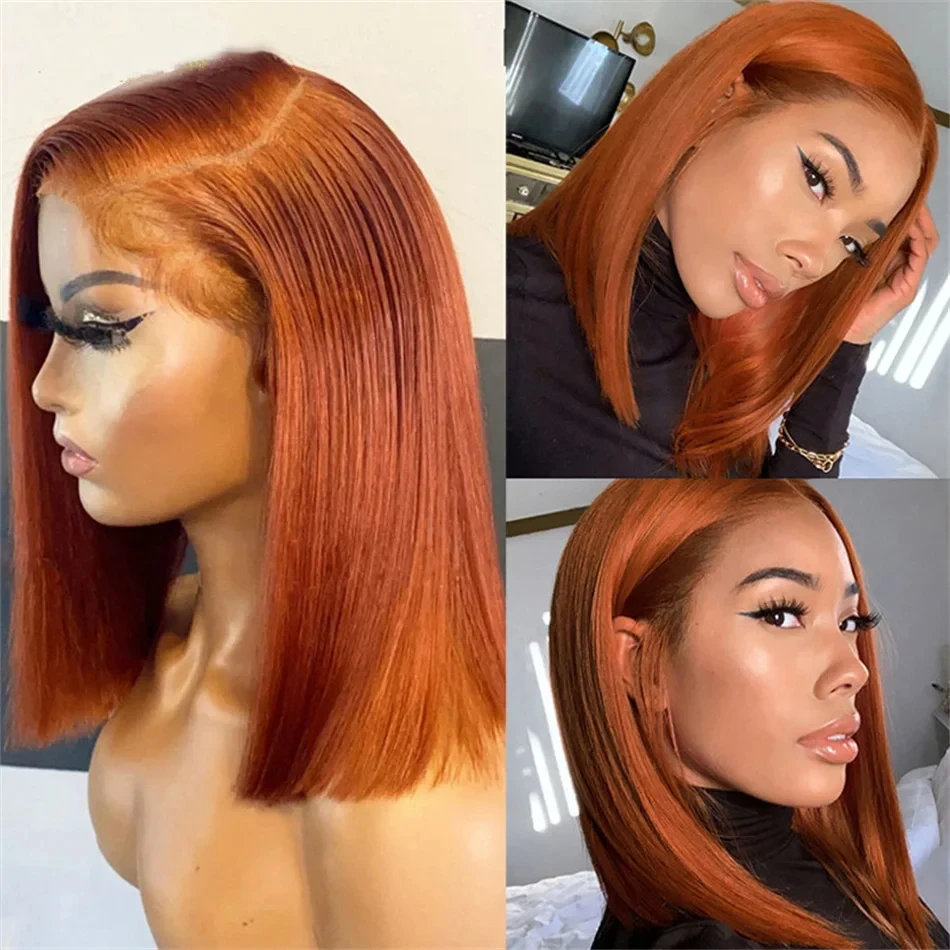 Wig rambut manusia Bob pendek oranye jahe 4x6 penutup renda tanpa lem Wig Bob Remy Brasil lurus untuk wanita rambut yang telah ditanami