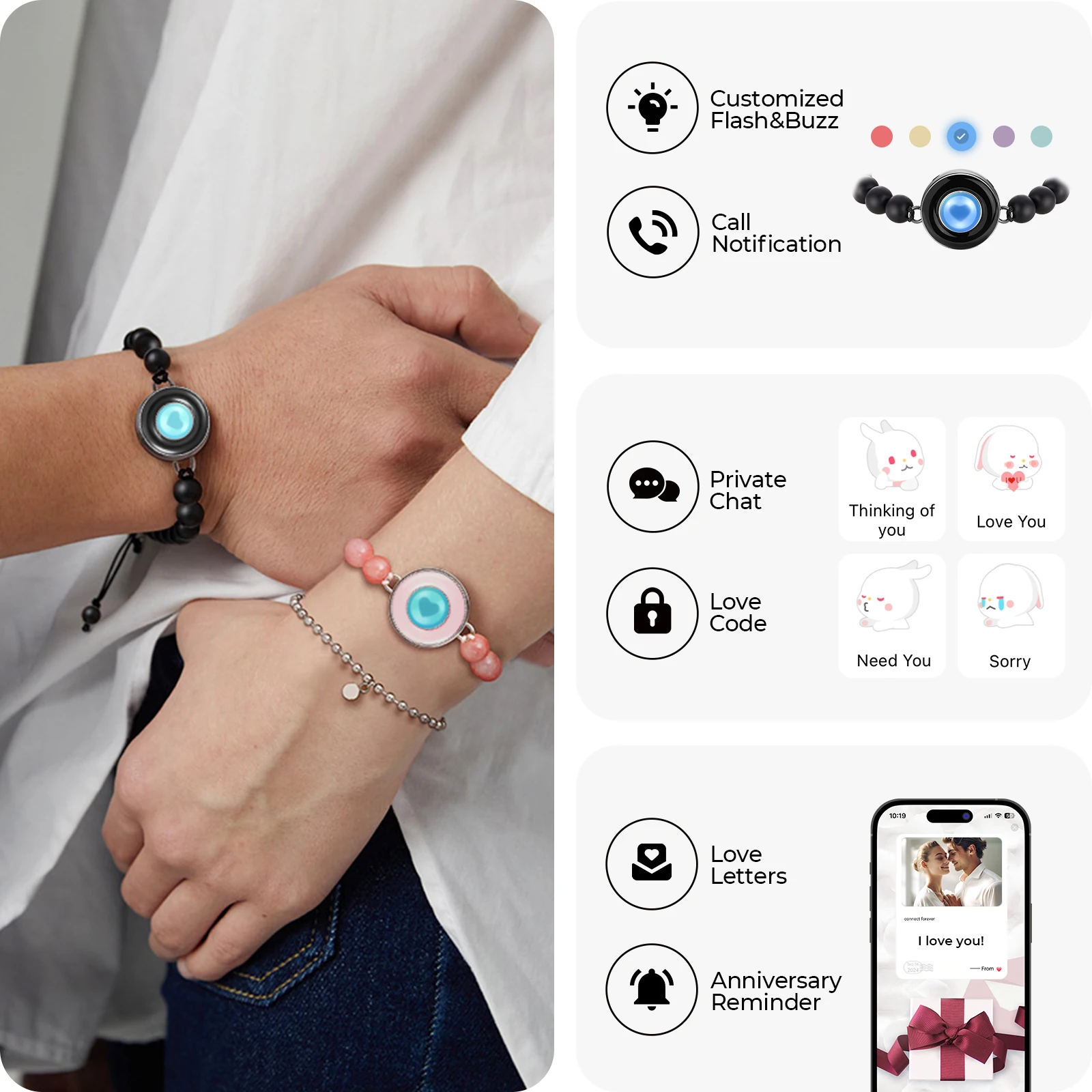 TOTWOO Long Distance Touch Bracelets for Couples, Vibration & Light up Gifts for Girlfriend Bluetooth Pairing Jewelry